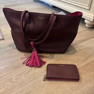 EUC Henri Bendel Burgundy/Pink Tote w/Tassel & Wallet *2 pc set*